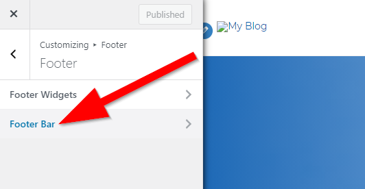 WordPress Footer customization menu with red arrow pointing to Footer bar