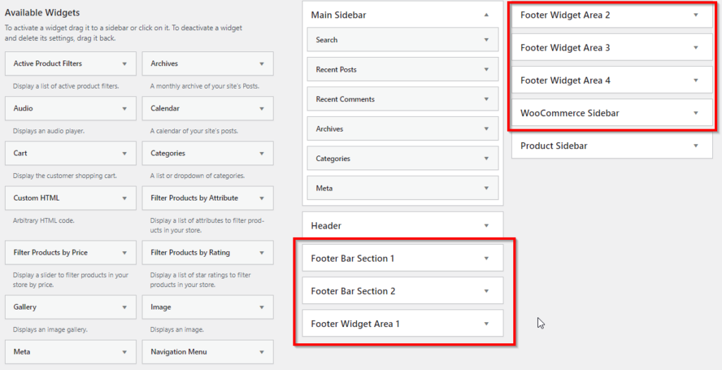 WordPress widgets menu with red boxes around Footer Bar sections and Footer Widget sections