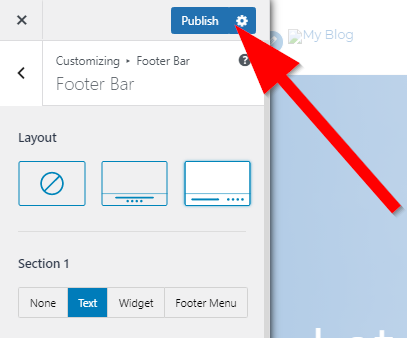 WordPress footer bar customization menu with red arrow pointing to Publish button