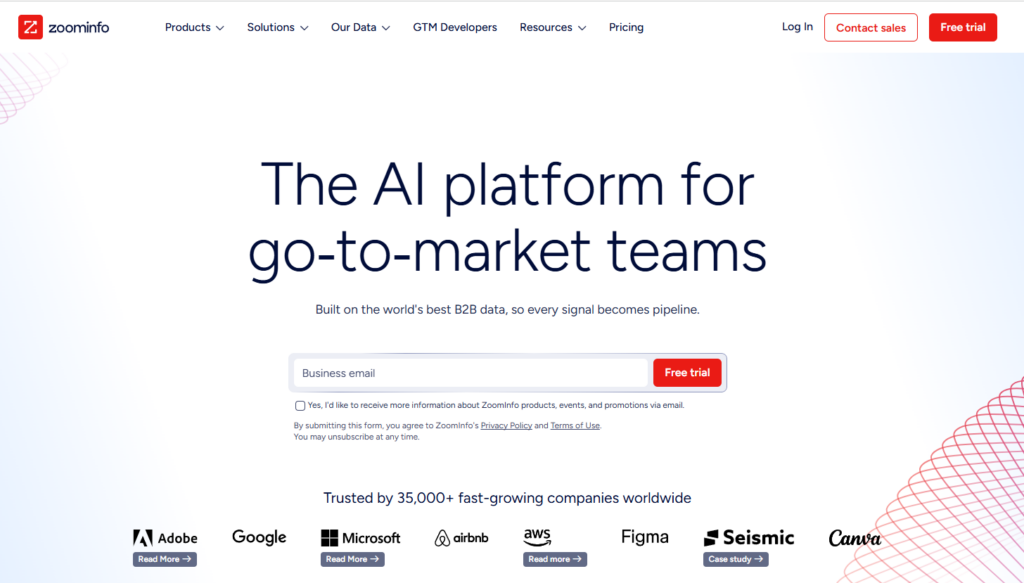 Landing page for Zoom Info.