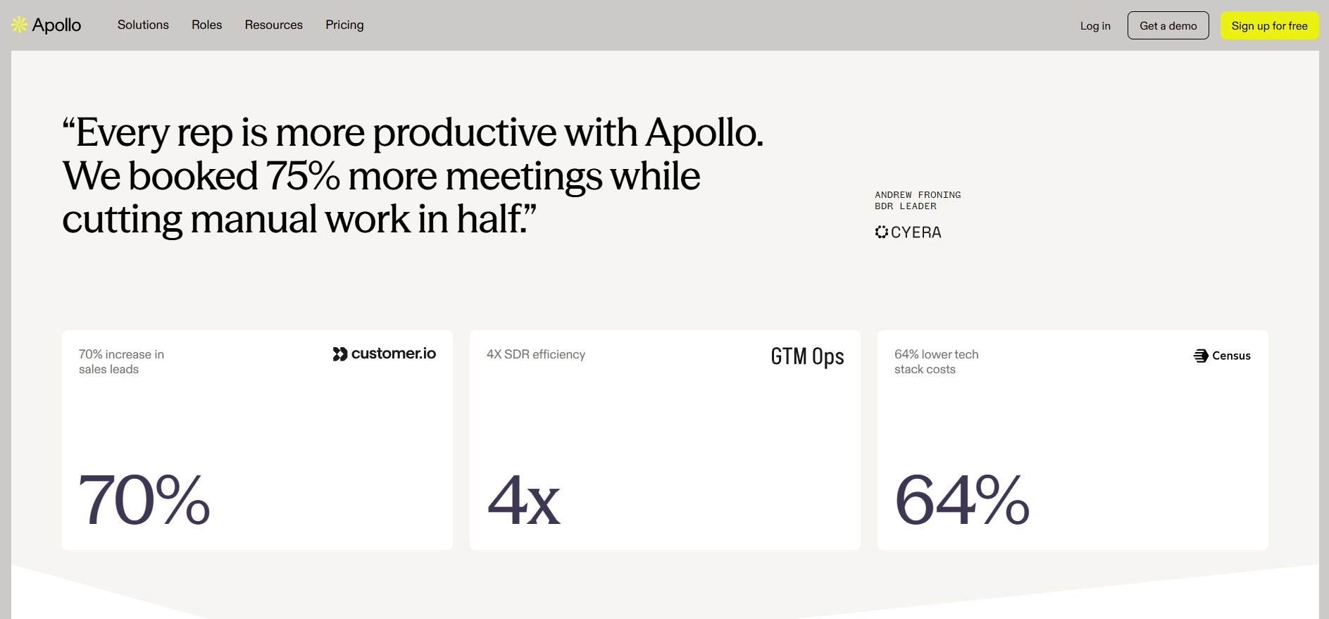 Apollo's landing page with stats showing how it helps. 