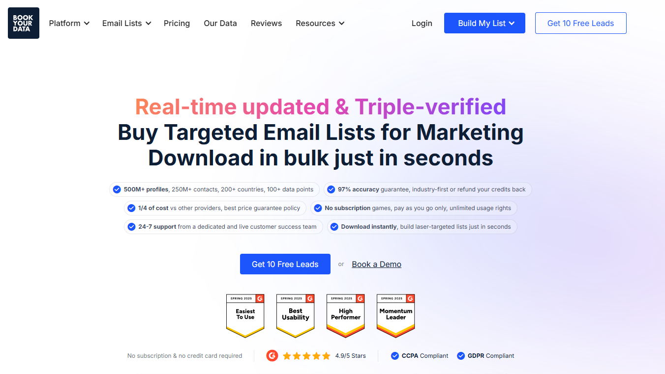 BookYourData landing page with trust badges. 