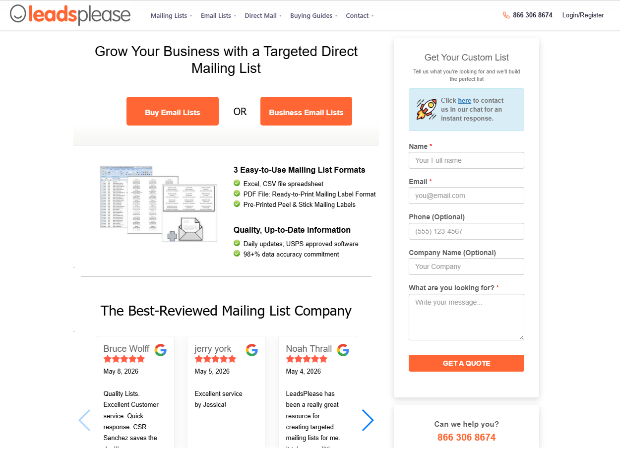 LeadsPlease landing page with options to buy various lists and customer reviews visible. 