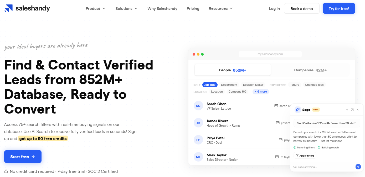 Saleshandy landing page with a start for free button. 