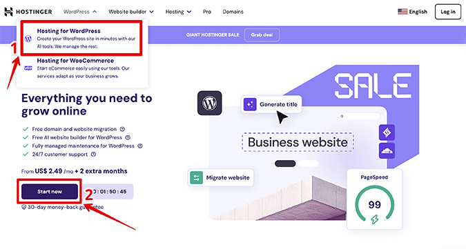 Hostinger website for WordPress hosting with a red box and arrow pointing to "Start now" button. 