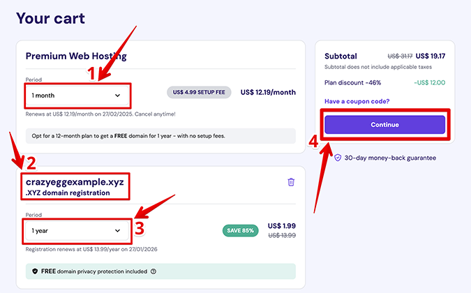 Hostinger shopping cart with 4 steps shown in red to continue with purchase. 