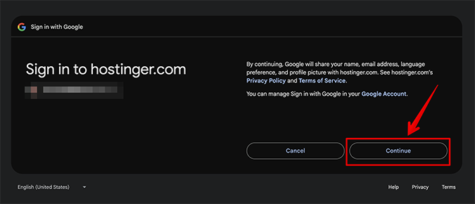 Google sign in page to continue with Hostinger account creation. 