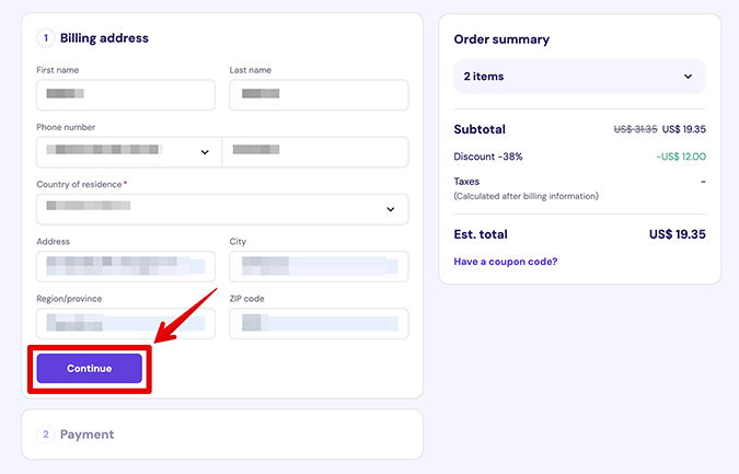 Hostinger billing address form with red arrow pointing to continue button.