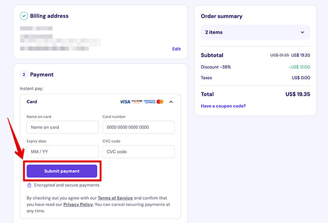 Hostinger submit payment form with red arrow pointing to 