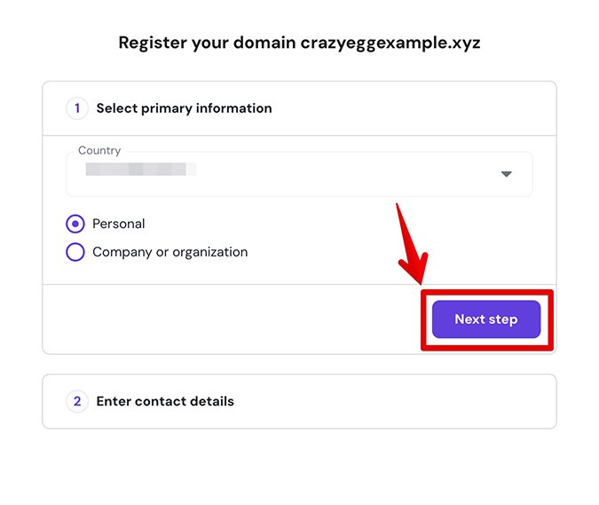 Registration form for primary domain information with Hostinger. 