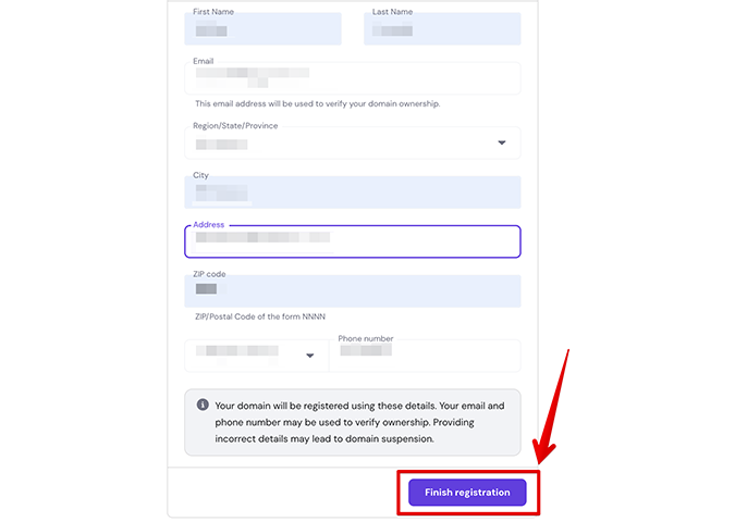 Hostinger contact details form with button to finish registration. 