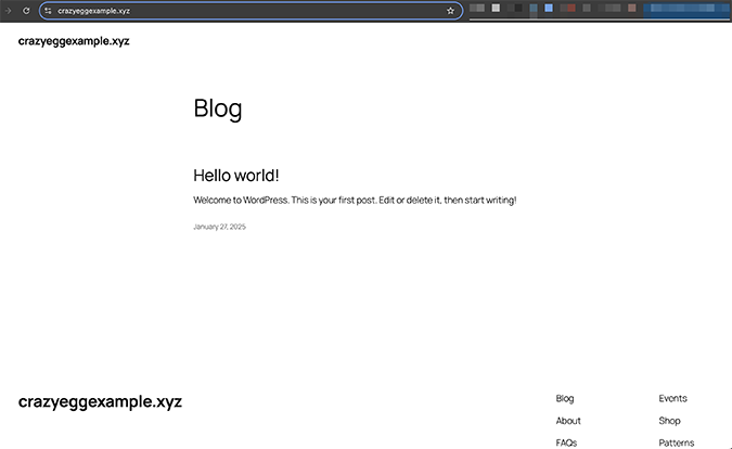 WordPress "Hello World" blog page. 