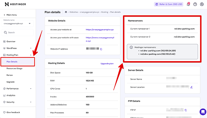 Hostinger plan details page showing nameservers. 