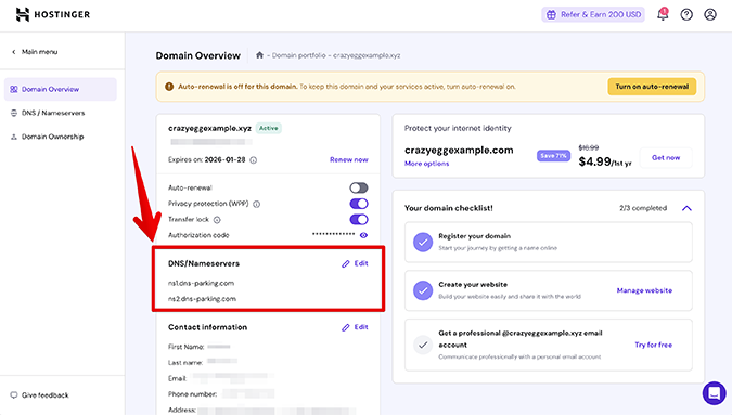 Domain overview page from Hostinger with arrow pointing to nameservers. 