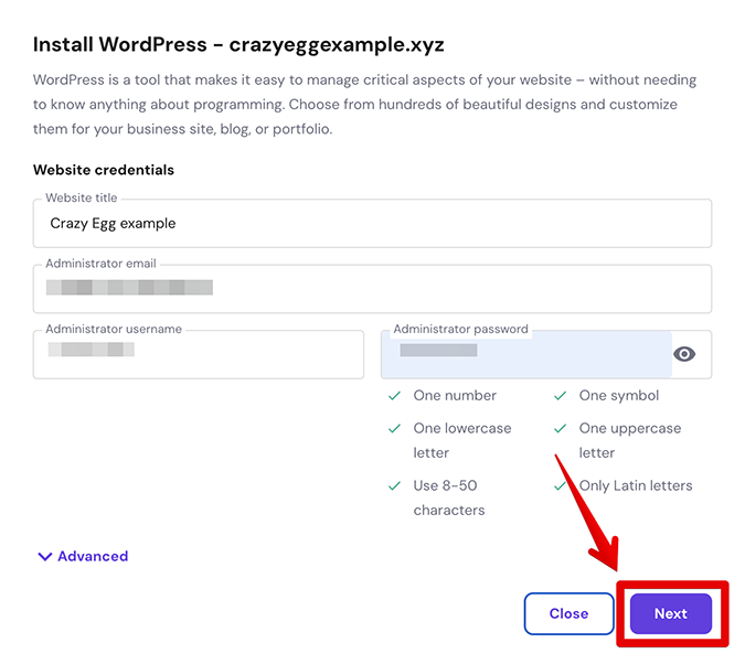 Website credentials form to install WordPress. 