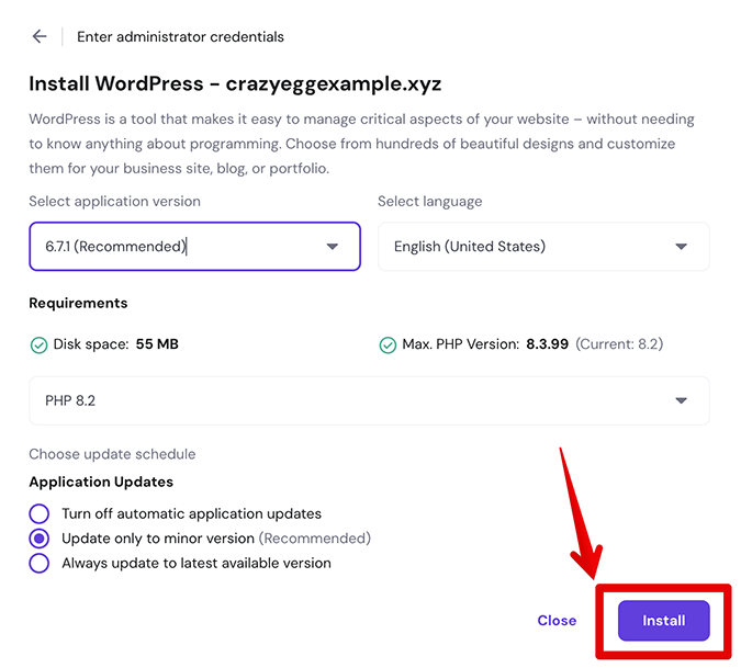 Website preference selections to install WordPress.