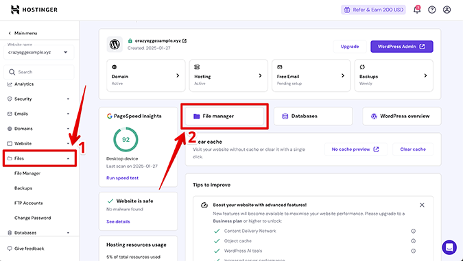 Hostinger file manager page. 