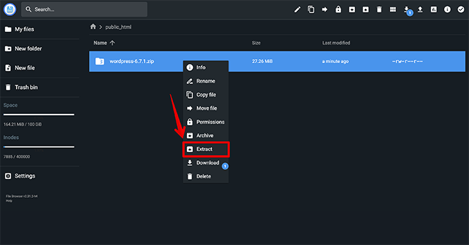 Public_html folder with extract option shown. 
