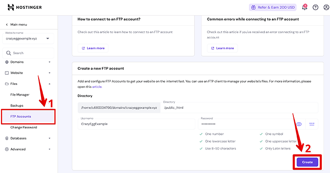 FTP accounts shown in the hPanel. 