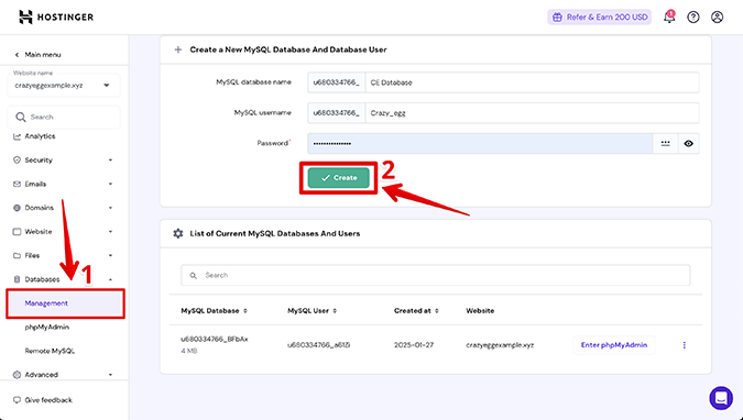 Database mangement in hPanel of Hostinger. 