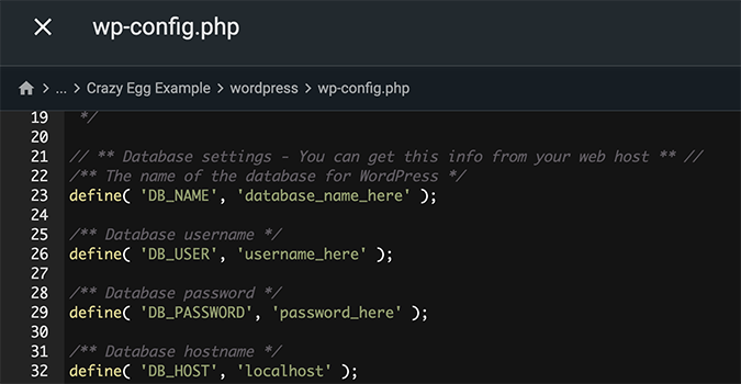 Code snippet for wp-config.php. 