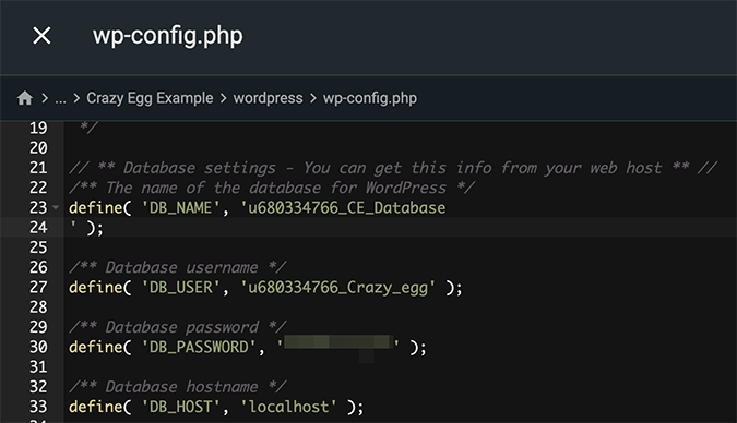 Code snippet for wp-config.php showing crazy egg. 