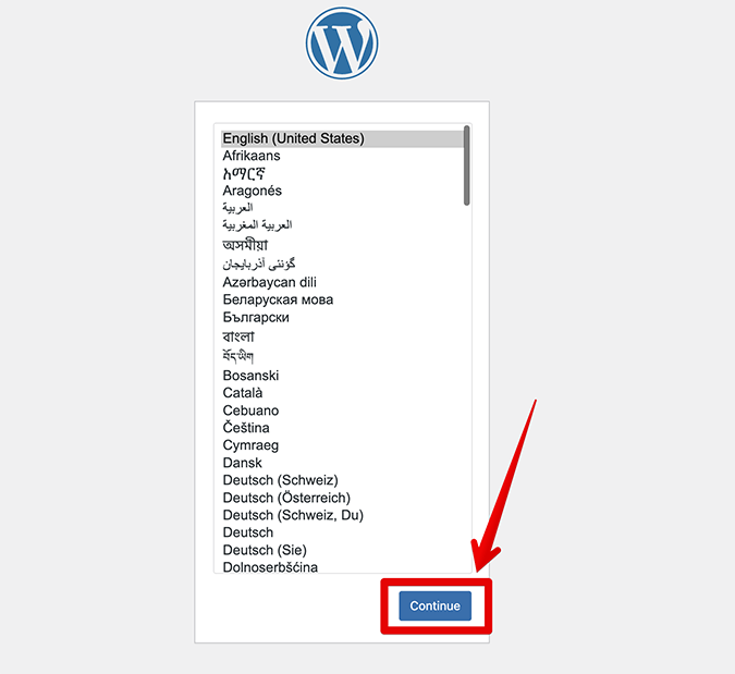 WordPress language selection menu. 