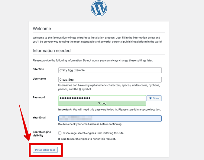 WordPress welcome form with arrow pointing to install button. 