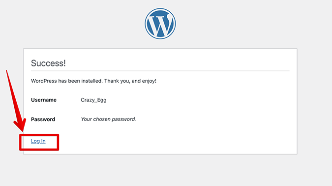 WordPress login success screen. 