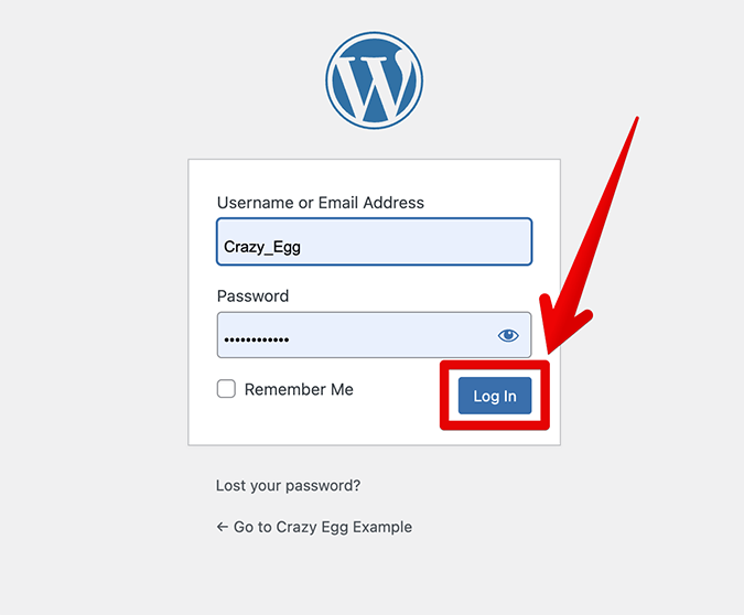 WordPress log in screen with credentials filled in. 