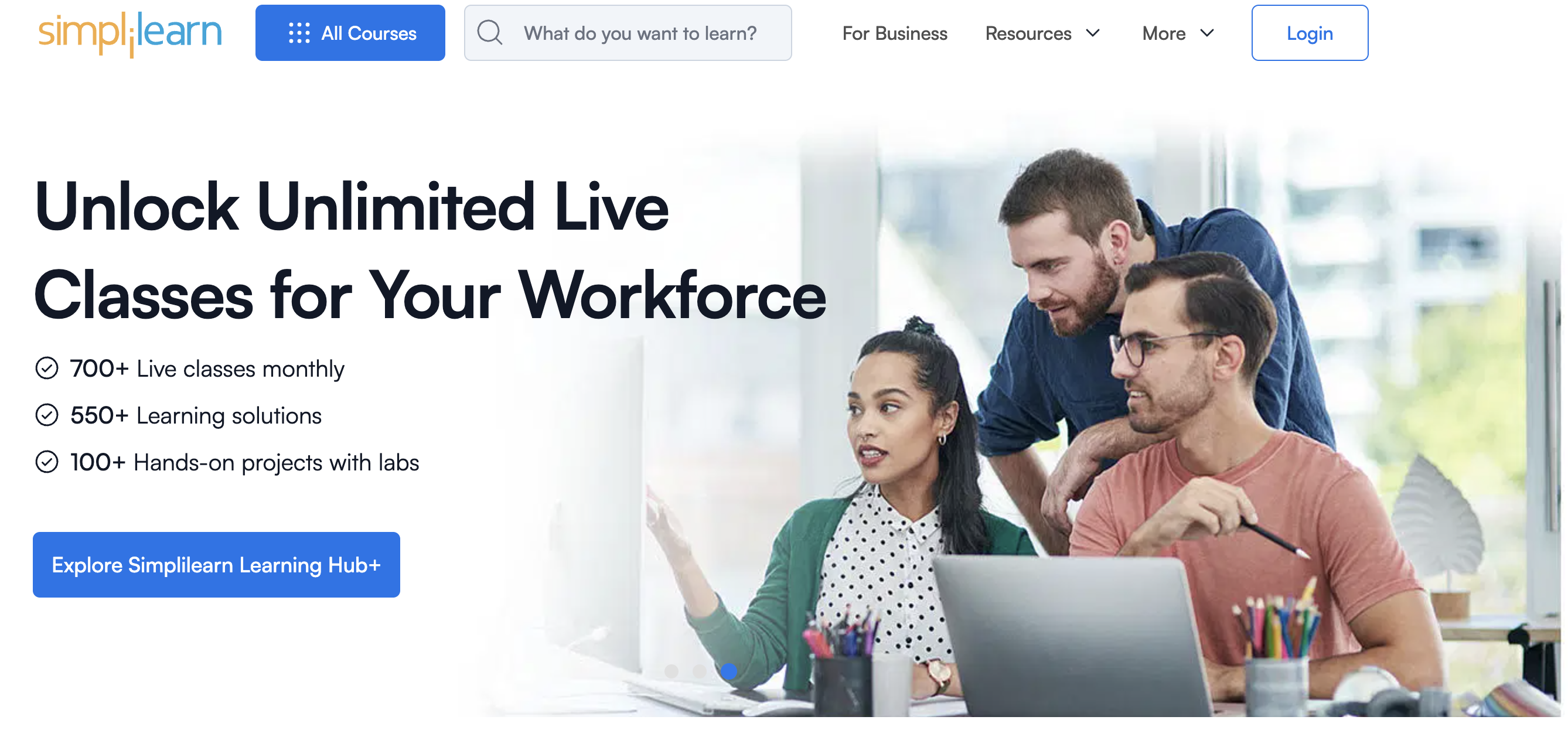 Simplilearn homepage with information about their learning hub.