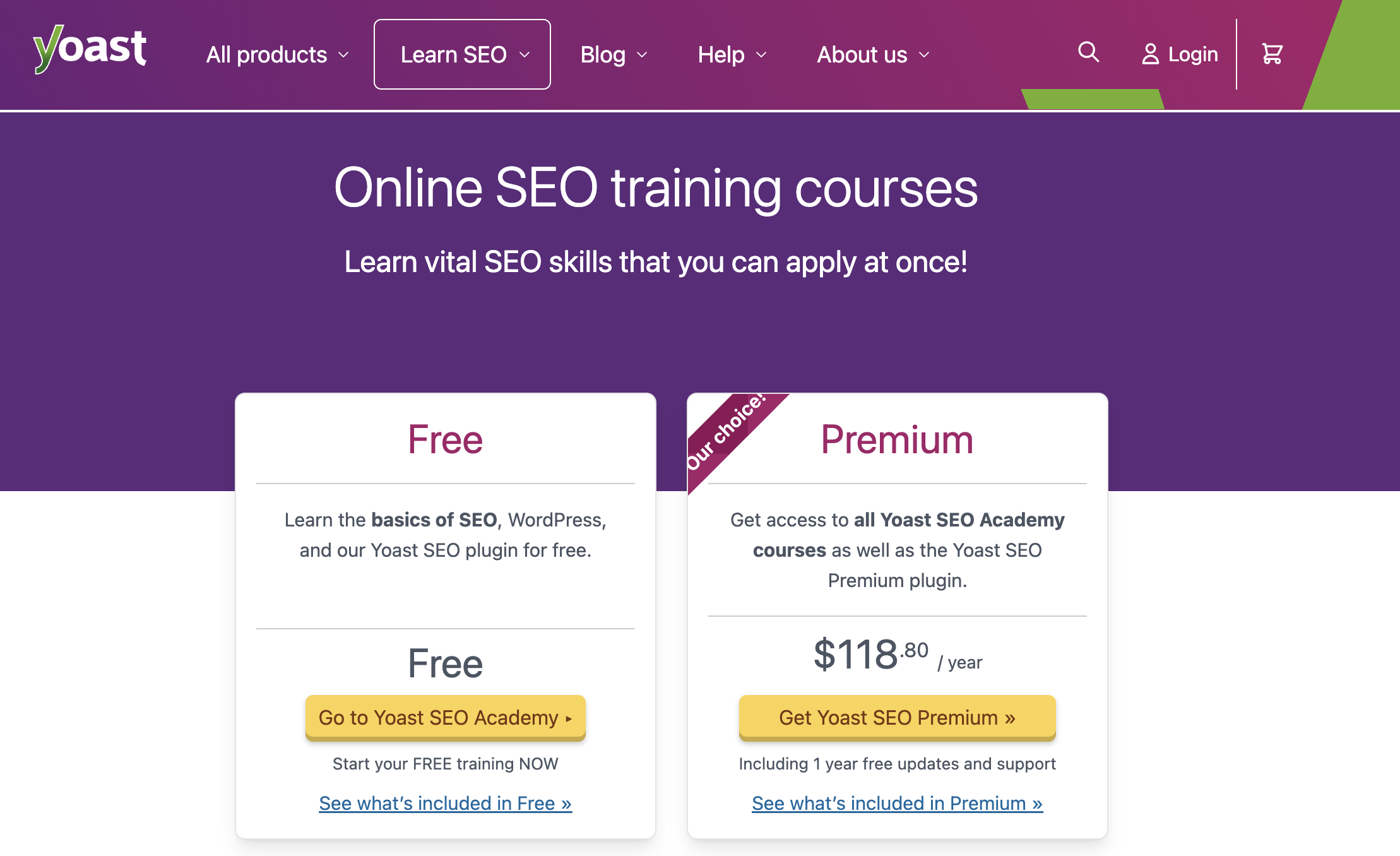 Yoast SEO training plan options.