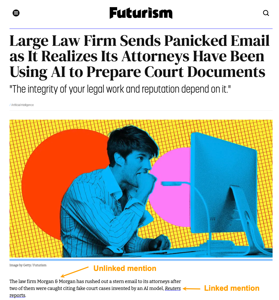 Screenshot of a Futurism article about a large law firm using AI.