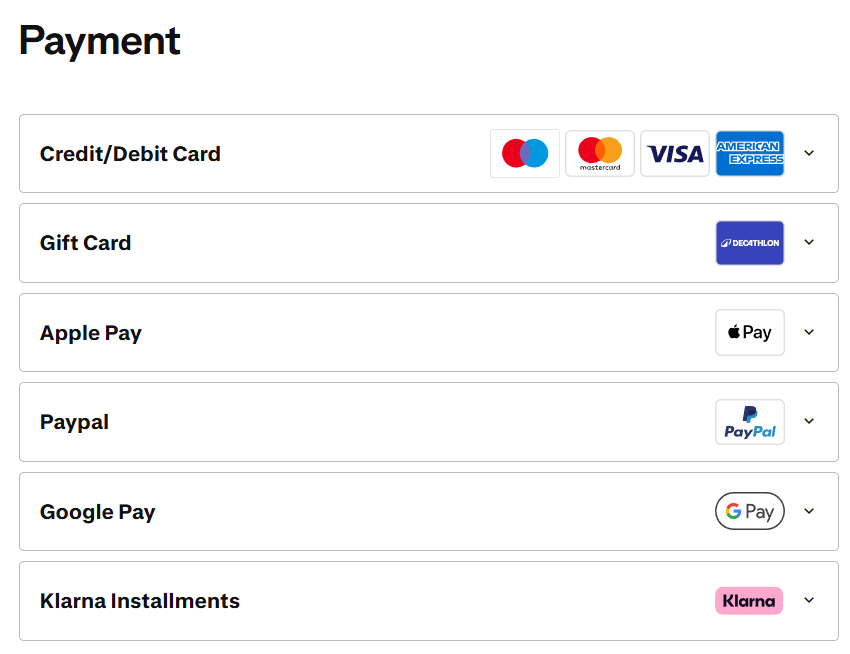 Payment method selection screen with card, gift card, and digital wallet options