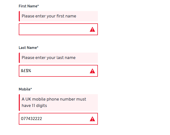 Checkout form showing inline validation error messages on name and mobile number fields.