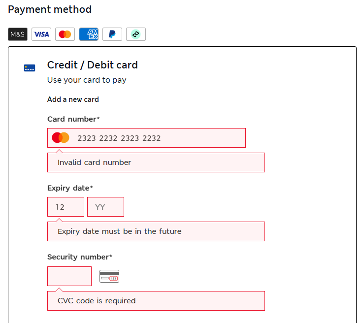 M&S checkout payment form showing validation errors for invalid card number, expired date, and missing CVC.