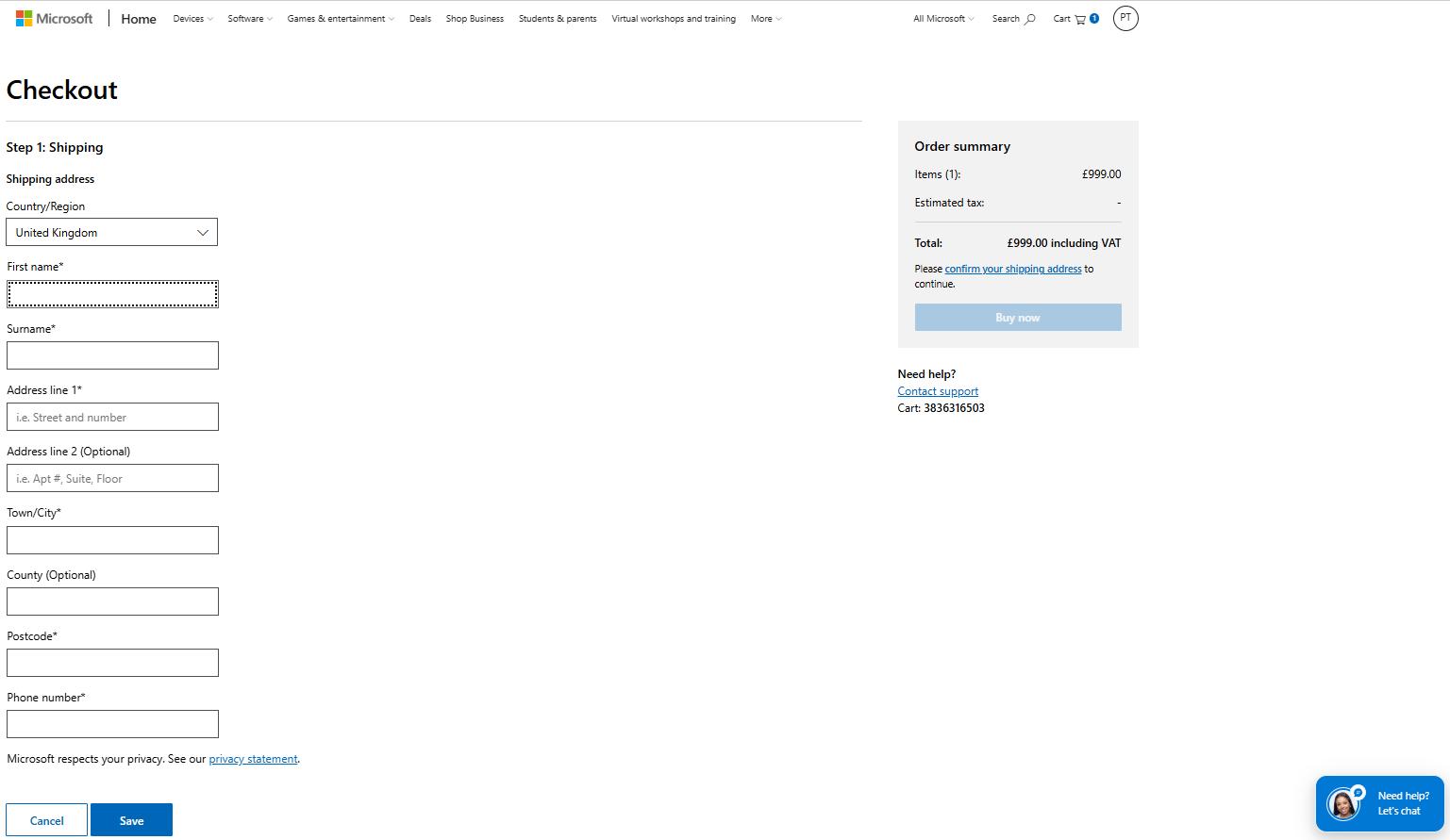 Microsoft checkout shipping address form with order summary showing £999 total.