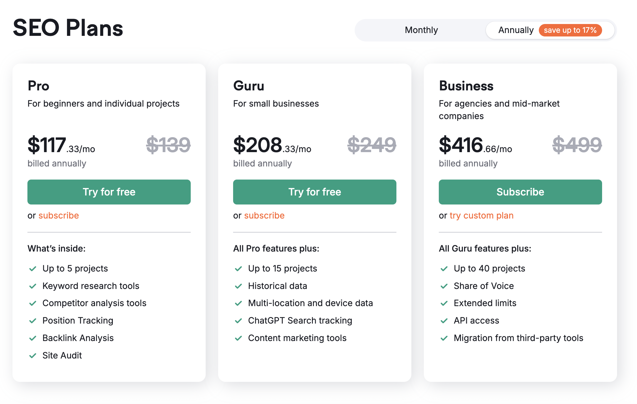 Three annual pricing plans from Semrush. 
