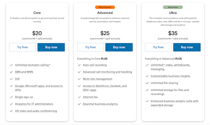 RingCentral pricing with three different tiers. 