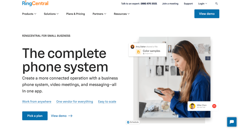 RingCental for small business main product page