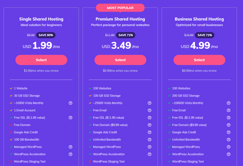 Hostinger shared plans pricing page