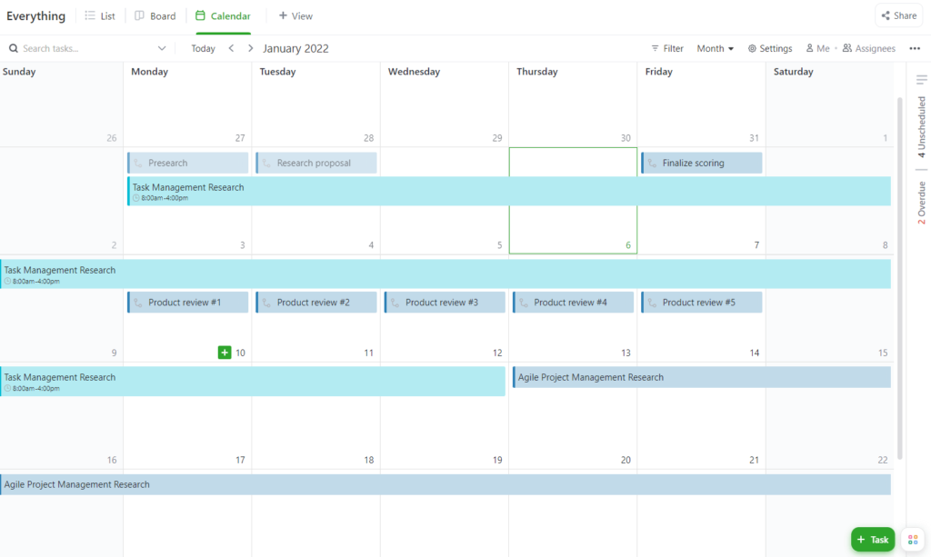 Calendar view of a project in ClickUp