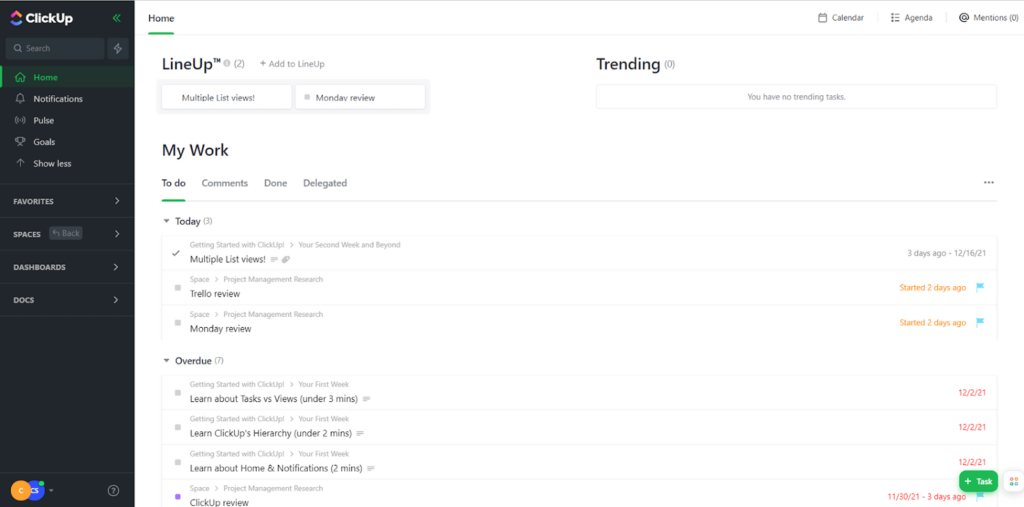 An employee's "My Work" area in ClickUp
