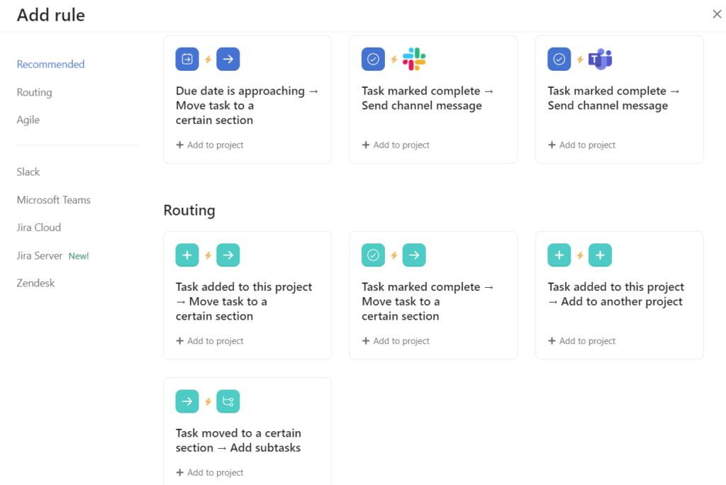 Examples of prebuilt automations in Asana