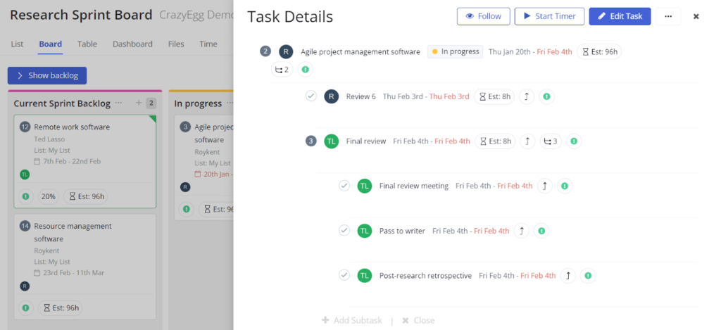 Example subtasks in Teamwork