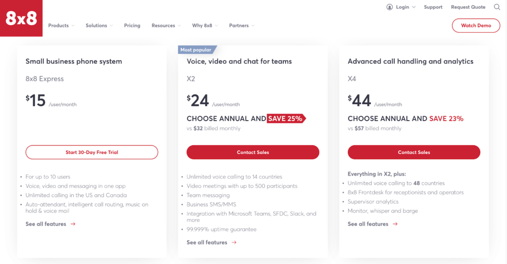 8x8 main pricing page for business phone systems and communications plans