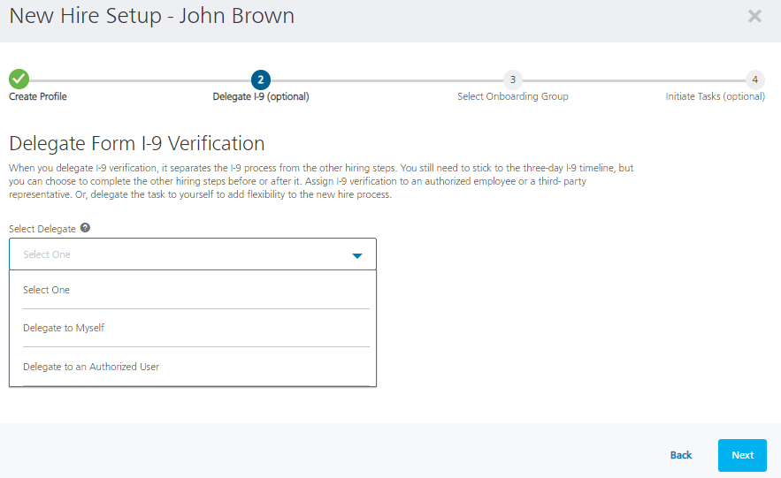 Example of Paycor new hire setup showing an option to delegate I-9 verification