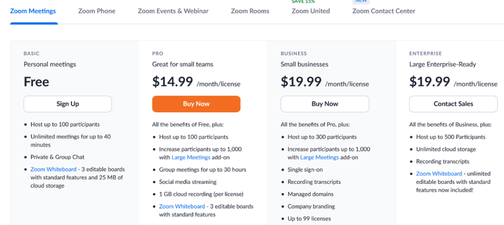 Zoom pricing chart showing options for Basic, Pro, Business, and Enterprise plans