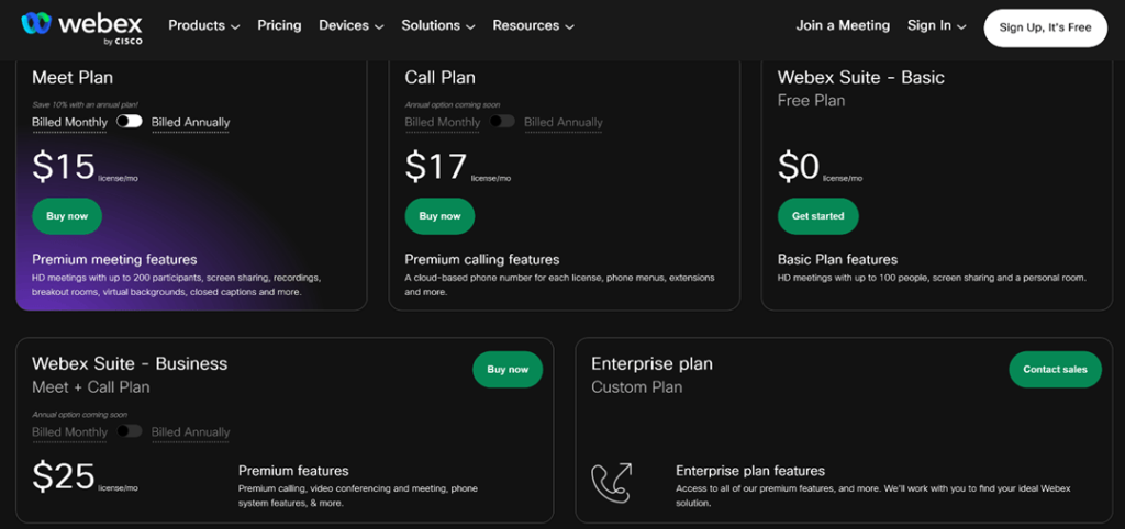 Webex pricing chart showing options for Meet Plan, Call Plan, Webex Suite Basic, Webex Suite Business, and Enterprise plan