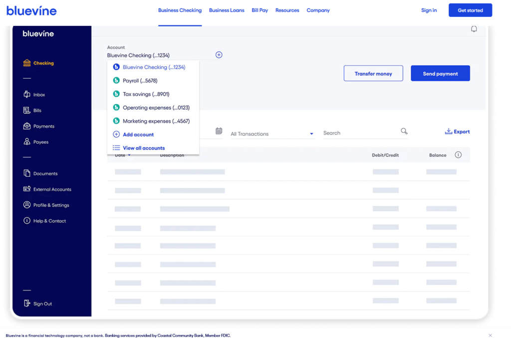 Screenshot of Bluevine business checking dashboard interface